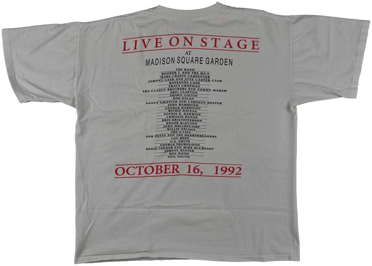 "30th anniversary" - MADISON SQUARE GARDEN, NYC - Bob Dylan white short sleeve t shirt w/ gray