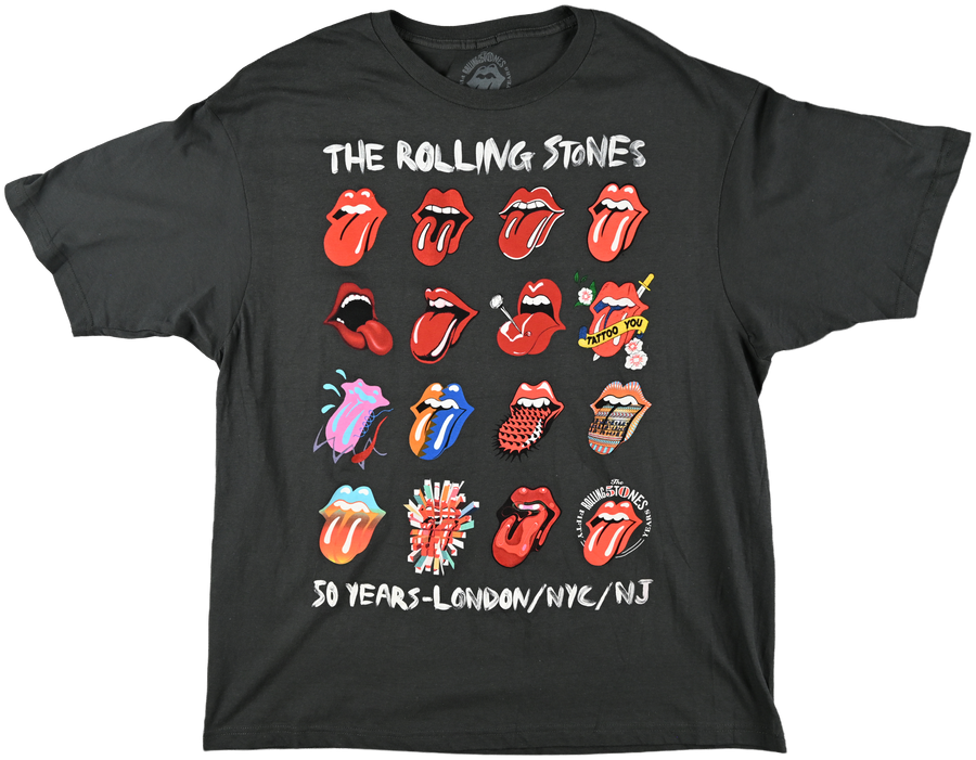 "50th Anniversary" - LONDON, NYC, & NJ - The Rolling Stones multiple lip logos dark gray short sleeve t shirt