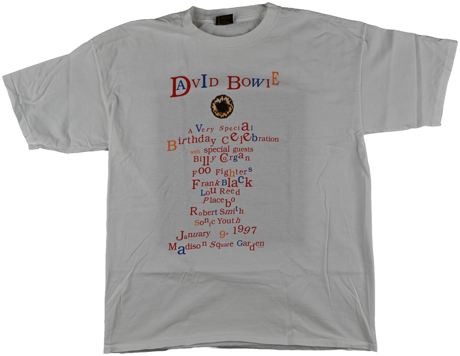 "birthday celebration" - MADISON SQUARE GARDEN, NYC - David Bowie white short sleeve t shirt w/ iris in front