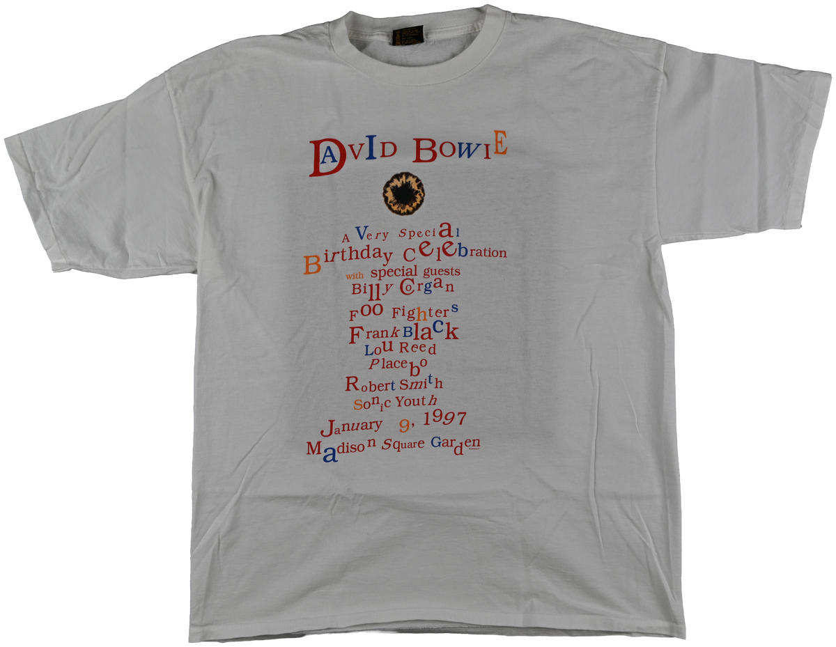 "birthday celebration" - MADISON SQUARE GARDEN, NYC - David Bowie white short sleeve t shirt w/ iris in front