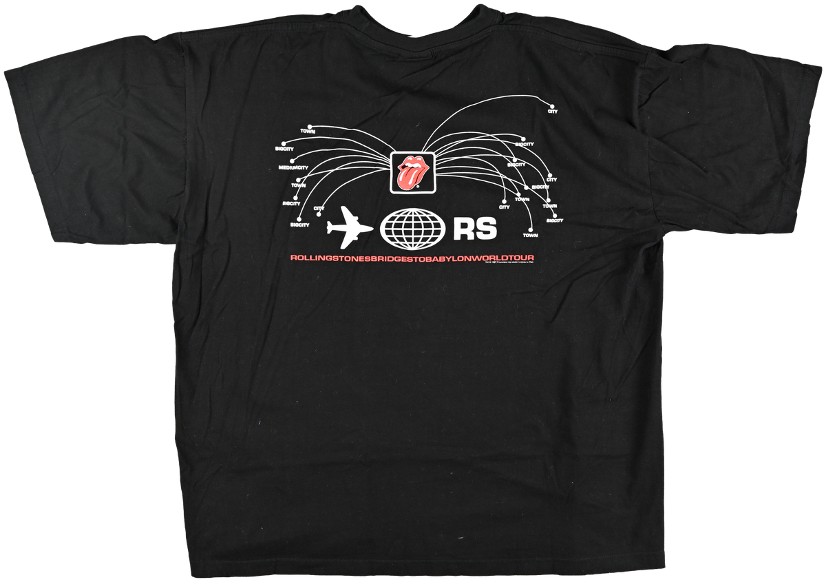 "Bridges to Babylon" - WORLD TOUR - The Rolling Stones black short sleeve t shirt w/ plane & globe on the back