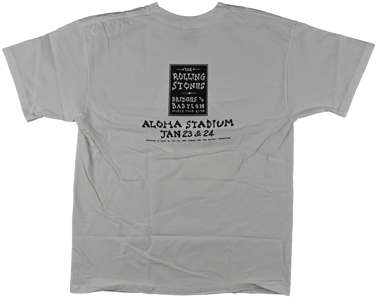 "Bridges to Babylon" - WORLD TOUR, Hawaii - The Rolling Stones White short sleeve t shirt w/ egyptian hieroglyphics