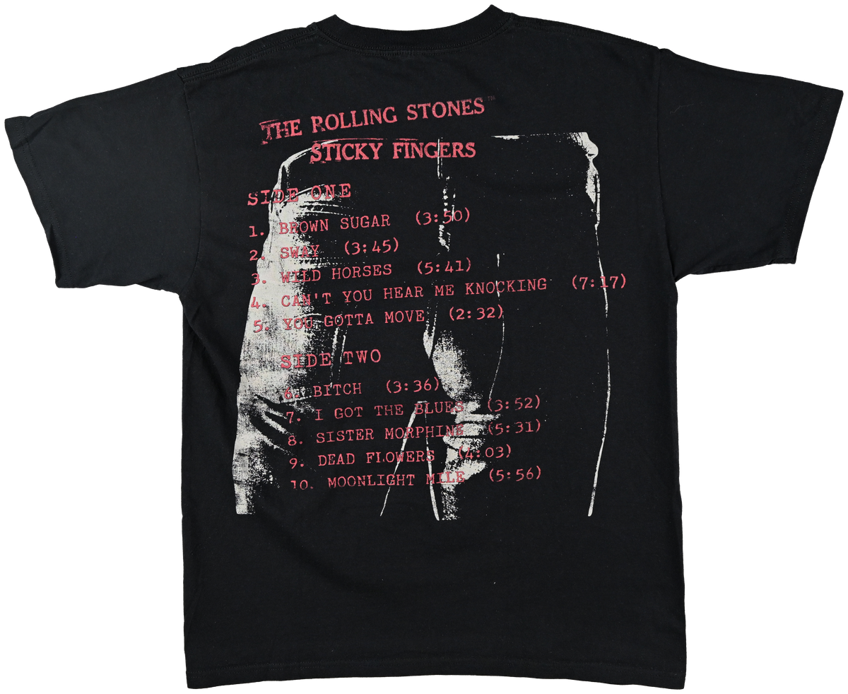 "sticky fingers" - NO TOUR - The Rolling Stones Sticky Fingers black short sleeve t shirt w/ jeans in front