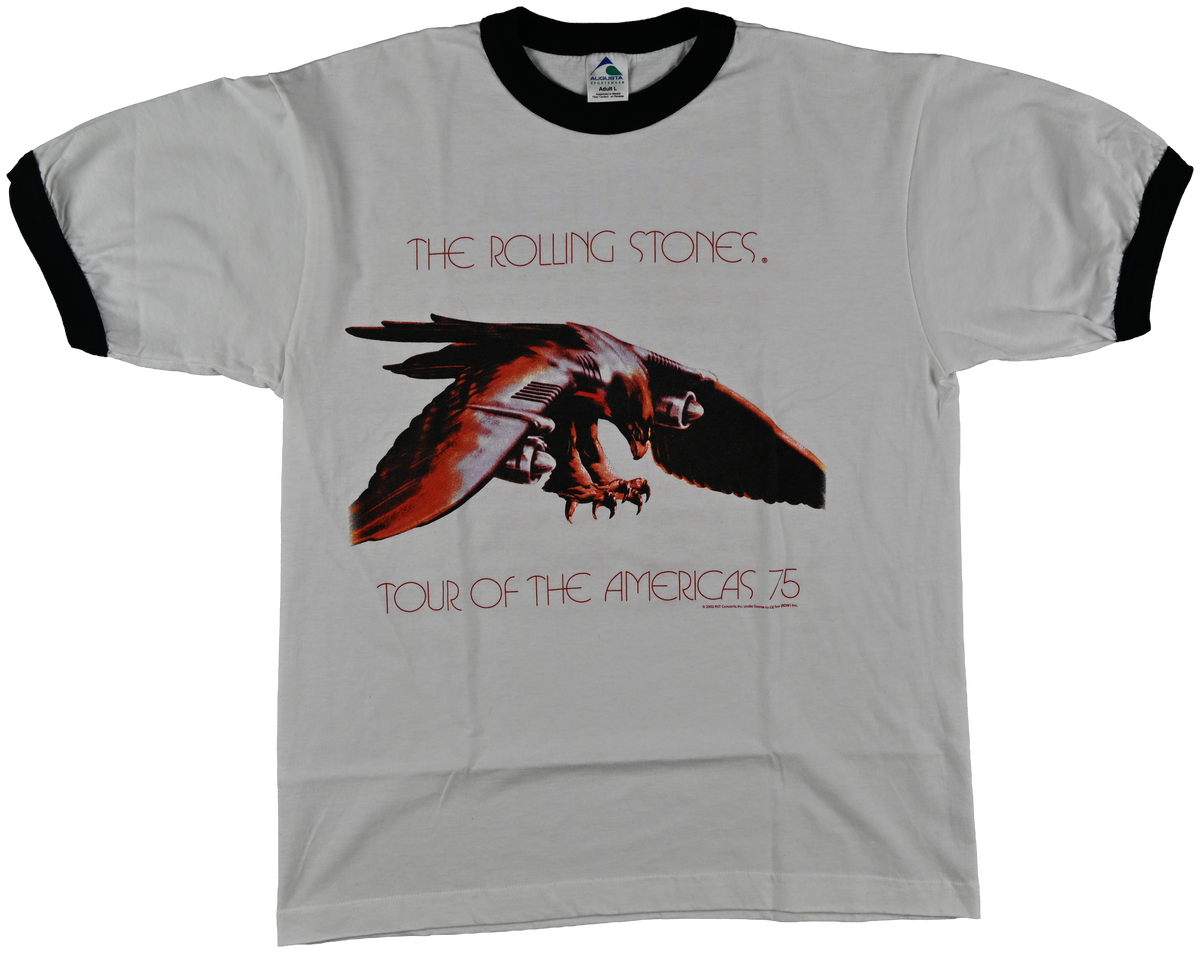"Tour of the Americas 75" - WORLD TOUR - The Rolling Stones Eagle white short sleeve t shirt w/ black collar